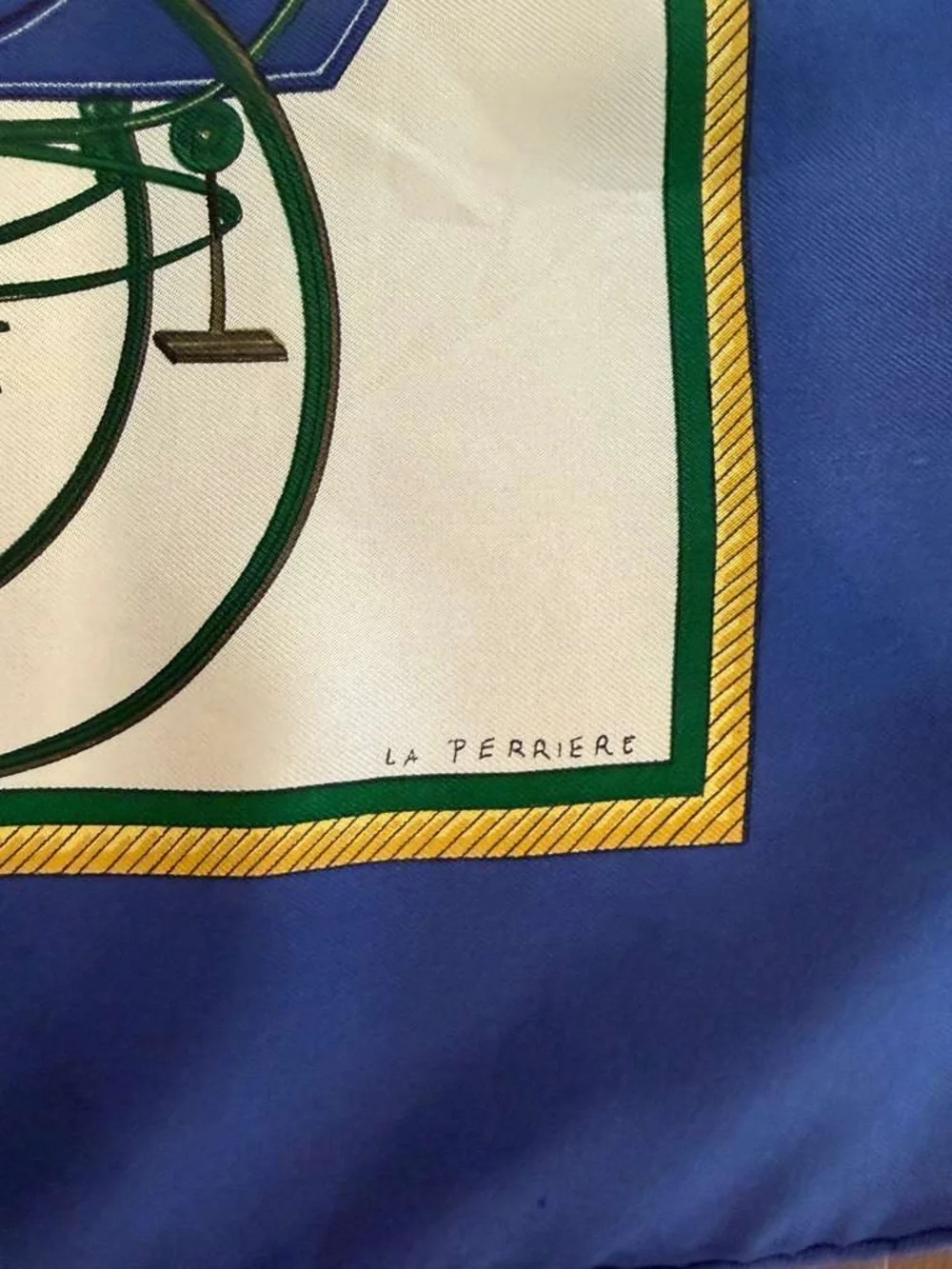 Hermès Carriages Silk Scarf 90 Carré Blue White Gold Hand Rolled Made in France